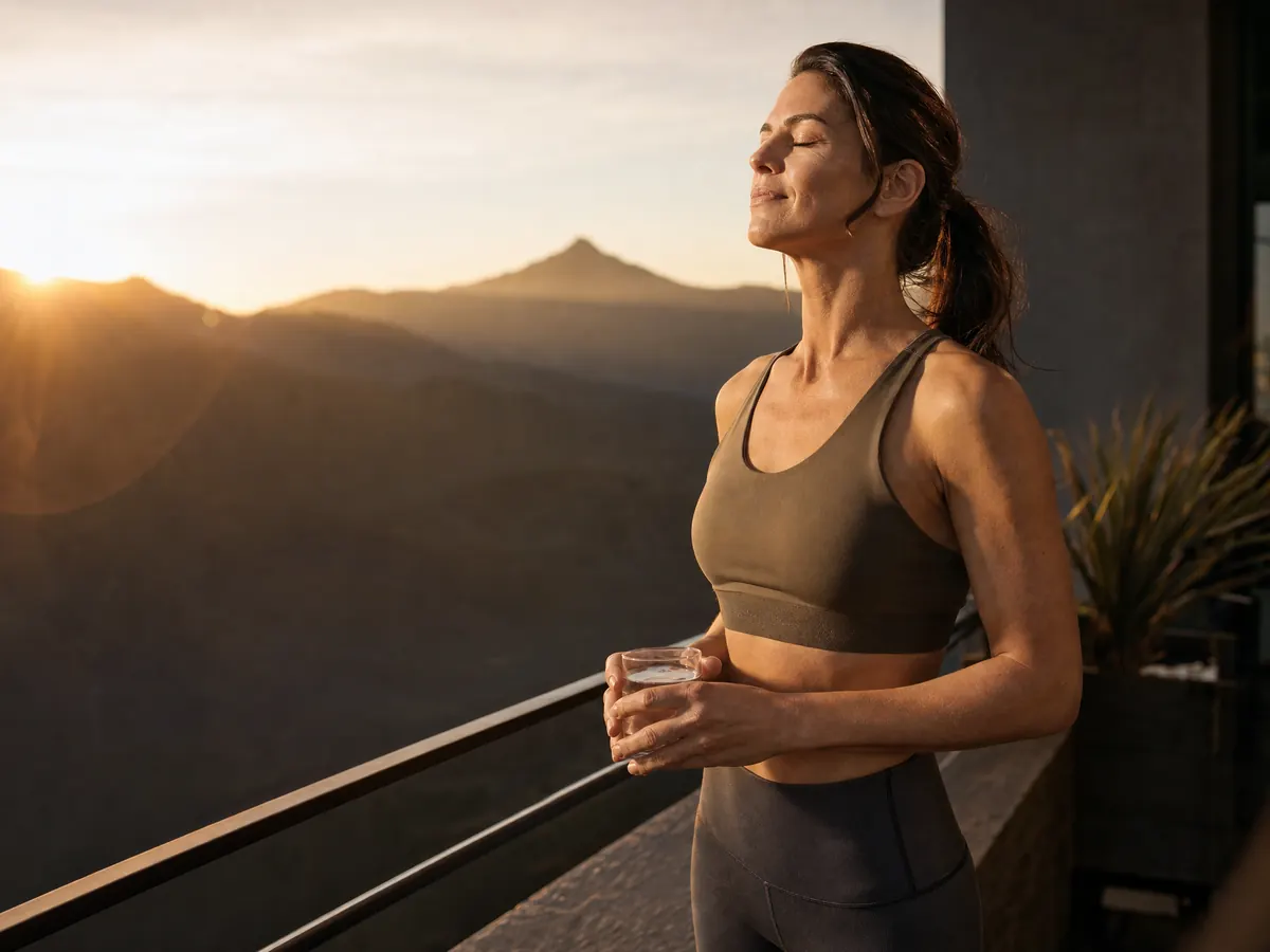 A woman pausing on a sunlit balcony above mountain haze at golden hour