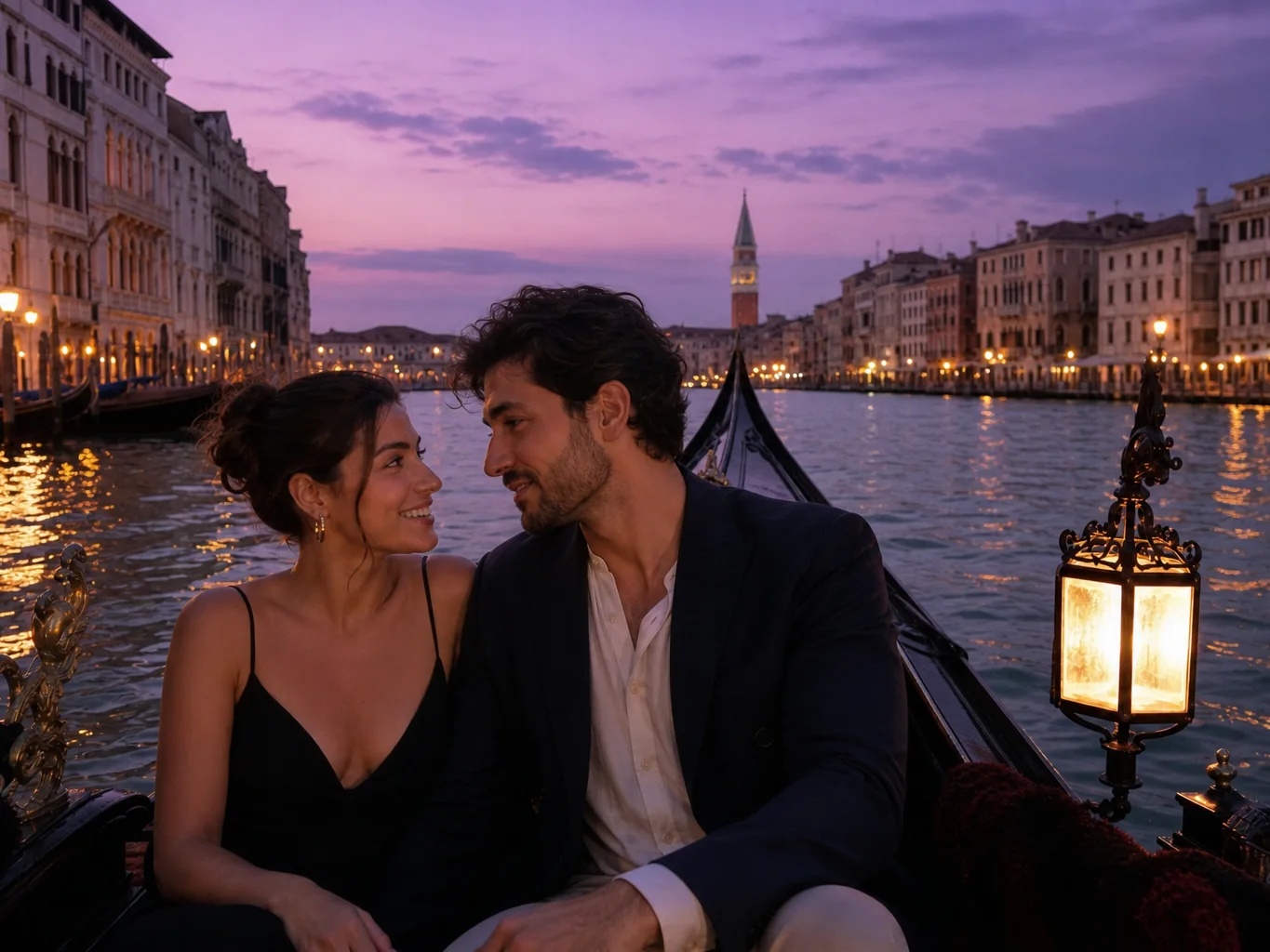 A couple in a Venice gondola at dusk under a purple sky