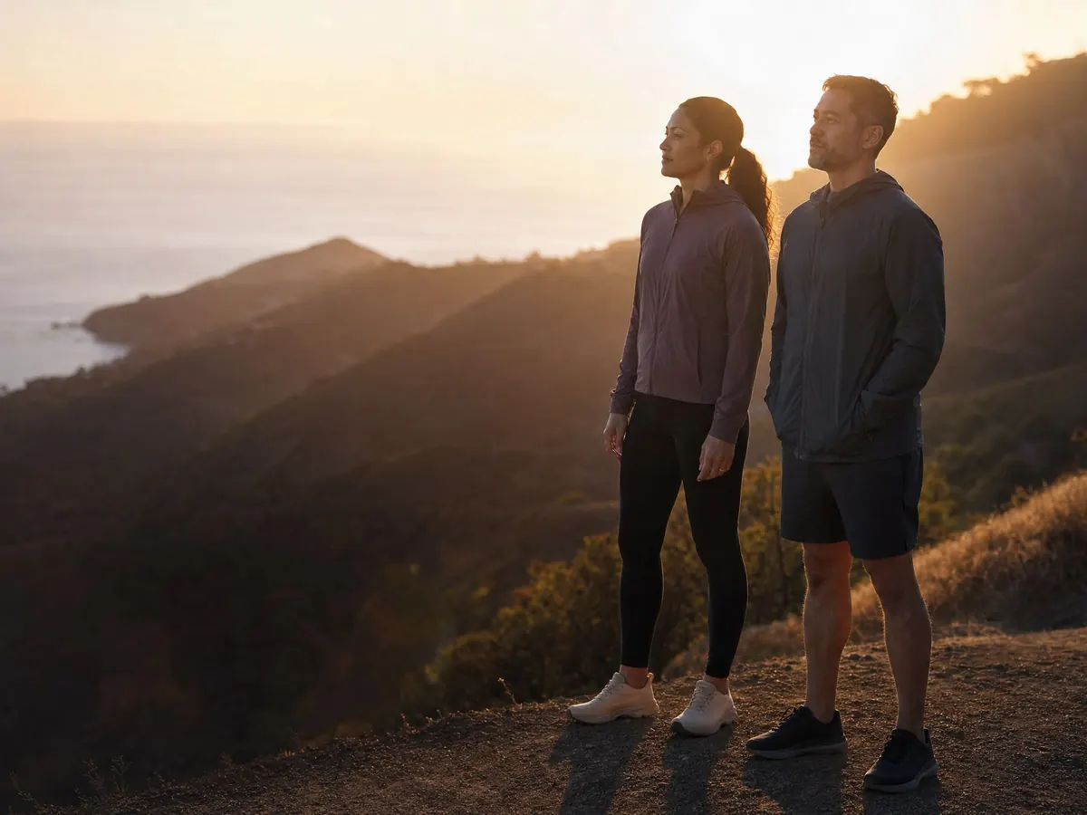 A man and a woman standing together at the top of a coastal hillside path at sunrise, looking out toward the horizon