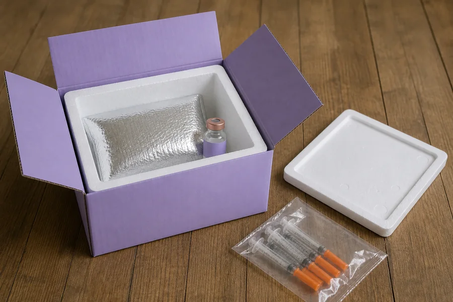 A purple shipping box with a cold pack and vial, discreet pharmacy delivery after a telehealth consult.