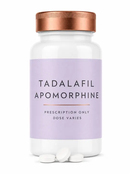 Tadalafil and apomorphine bottle with lavender label
