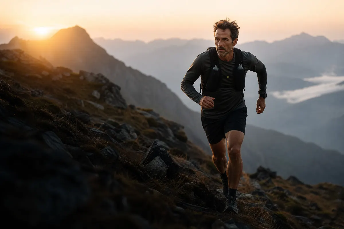 Man trail-running at golden hour