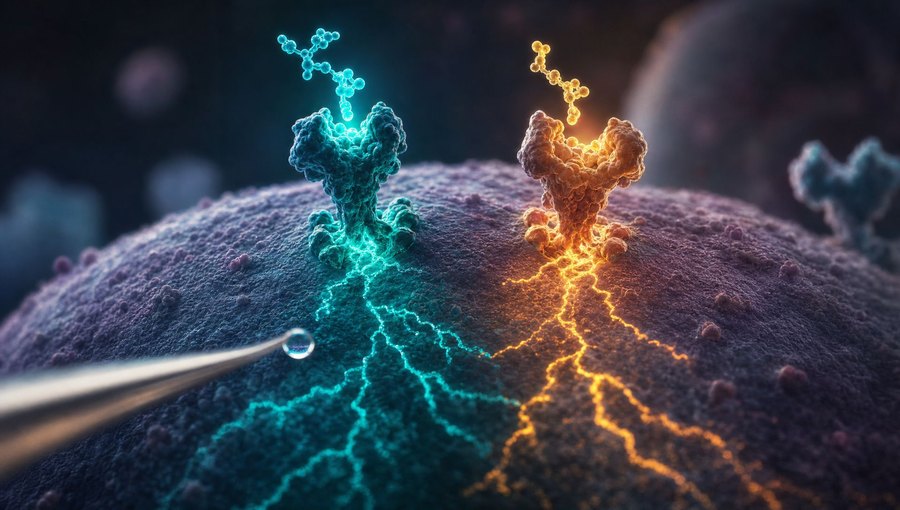 Two gut-hormone receptors lighting differently beside a deliberately small droplet