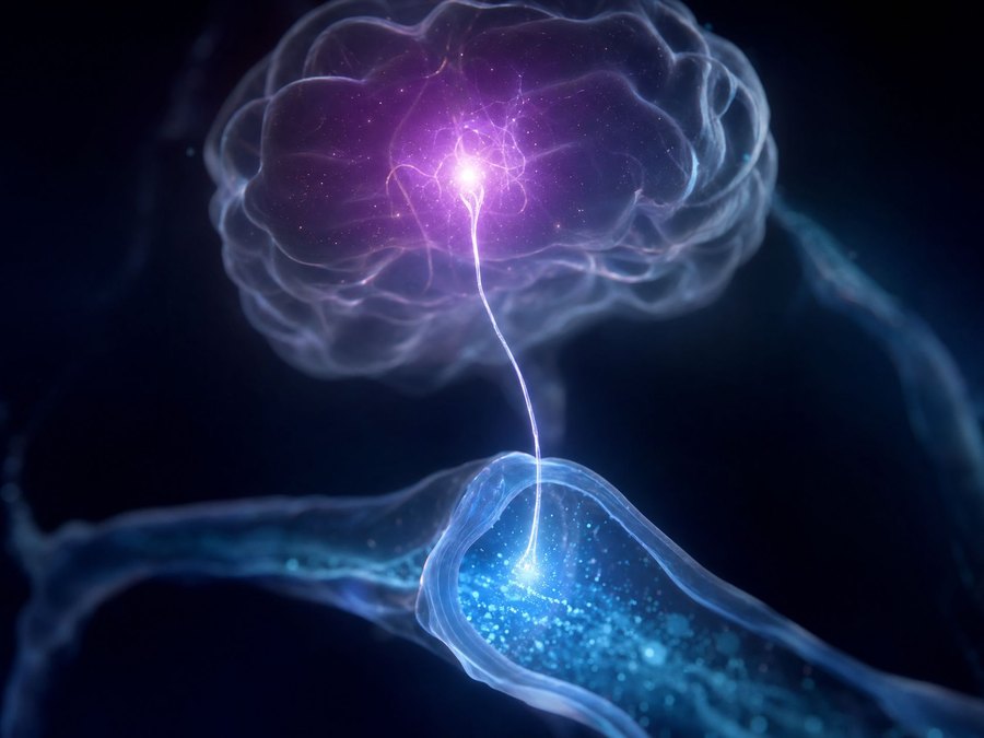 A central signal travelling from brain to vessel alongside a local pathway