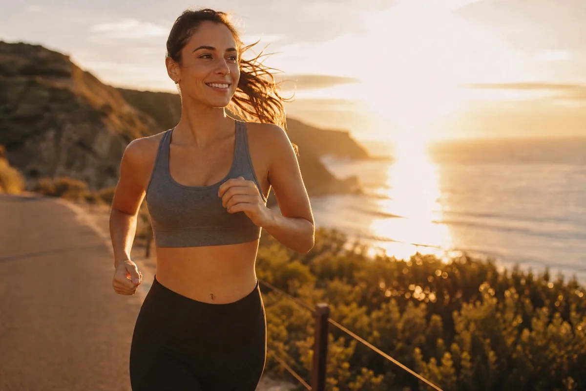 A woman jogging on a coastal path at golden hour