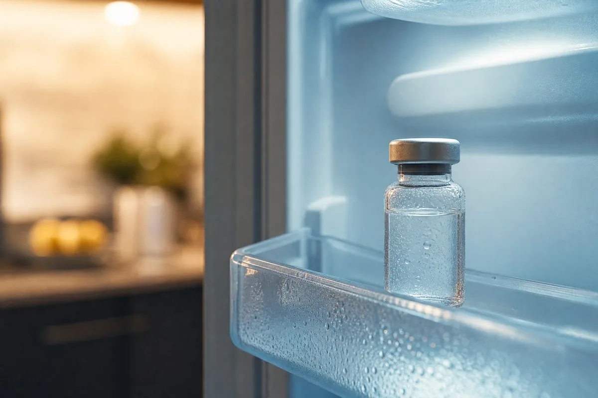 A small clear medication vial on a refrigerator shelf