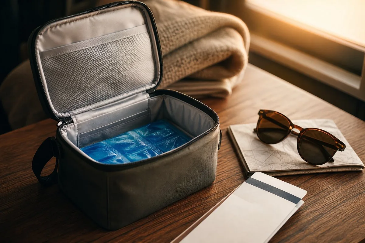 An insulated travel cooler bag open beside a boarding pass