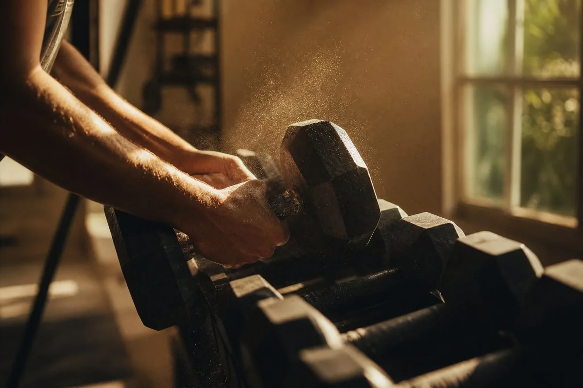 Hands lifting a dumbbell in a sunlit home gym