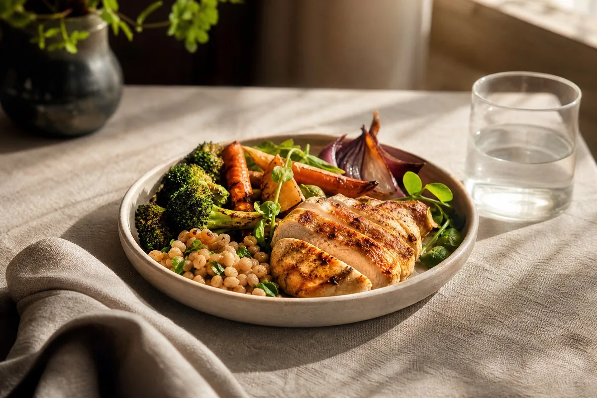 A plate of protein and vegetables in warm afternoon light