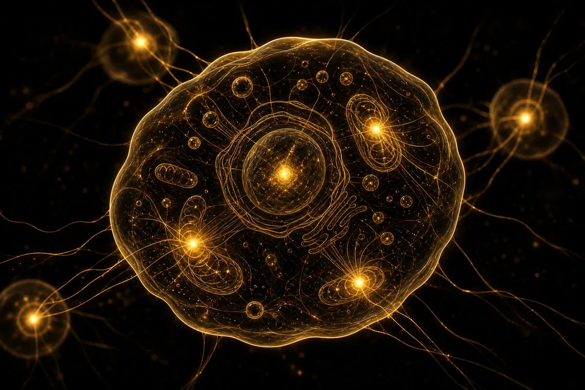 Illustration of glowing energy centres inside a cell