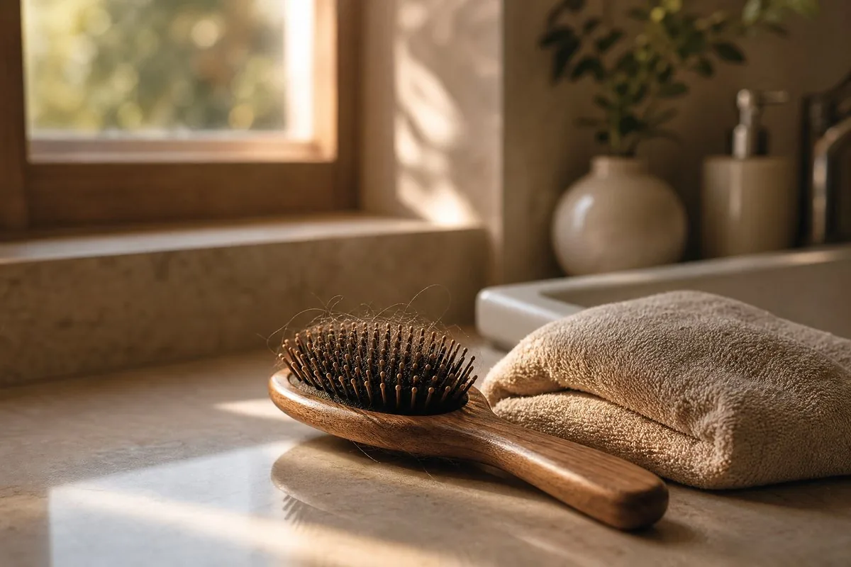 A hairbrush on a bathroom counter in soft morning light