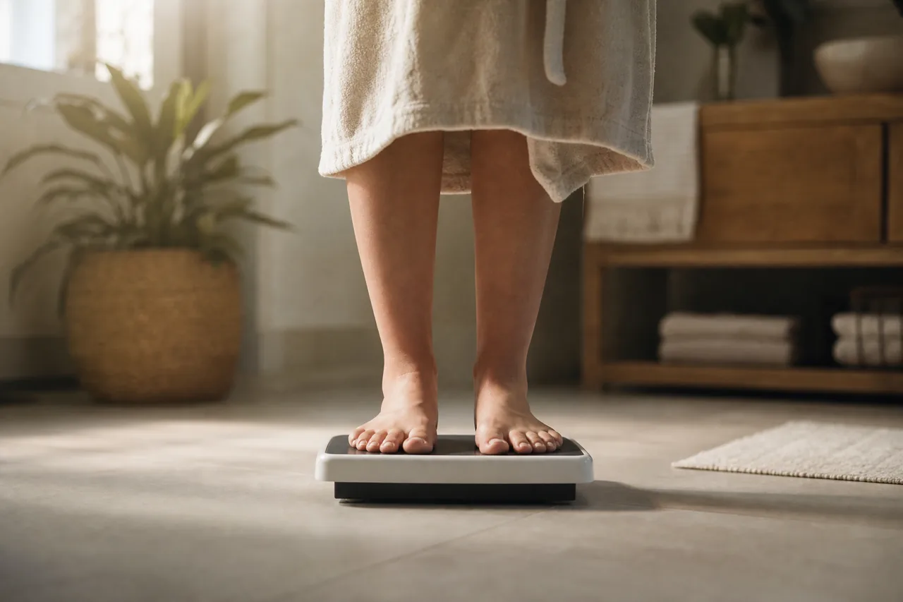 A person standing on a bathroom scale in morning light