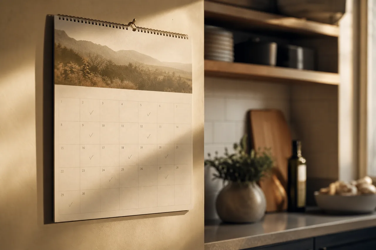 A wall calendar with pencil ticks on several dates