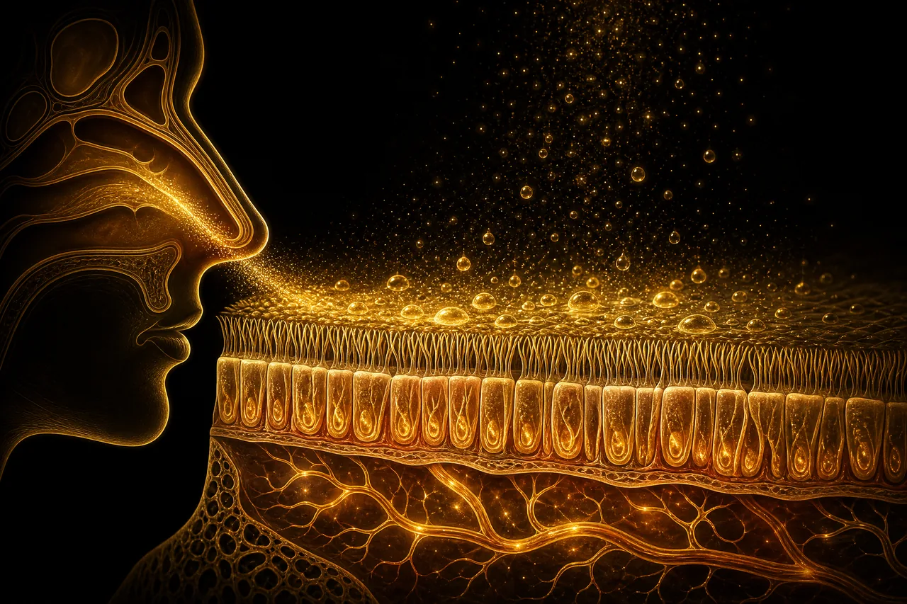 Illustration of mist settling on a nasal membrane with capillaries beneath