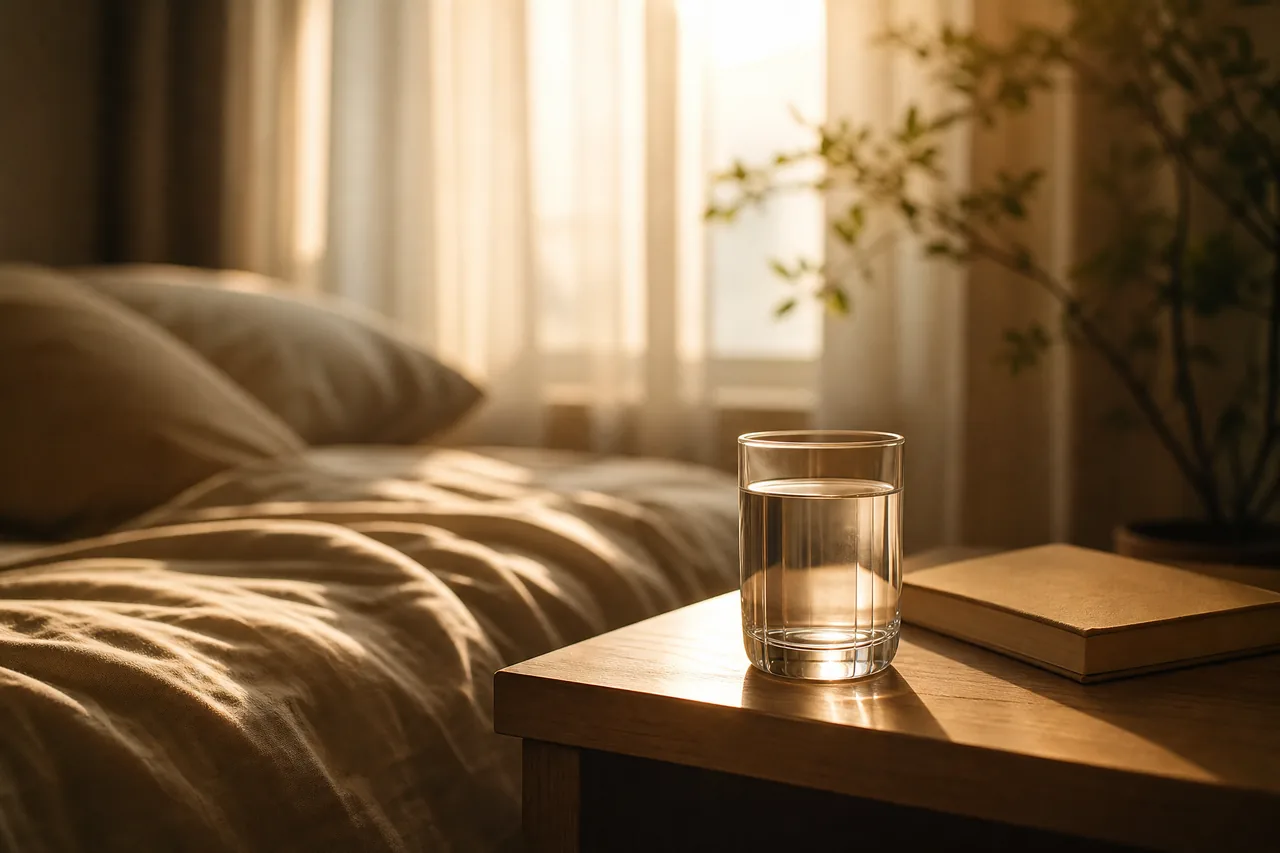 A glass of water on a bedside table at first light