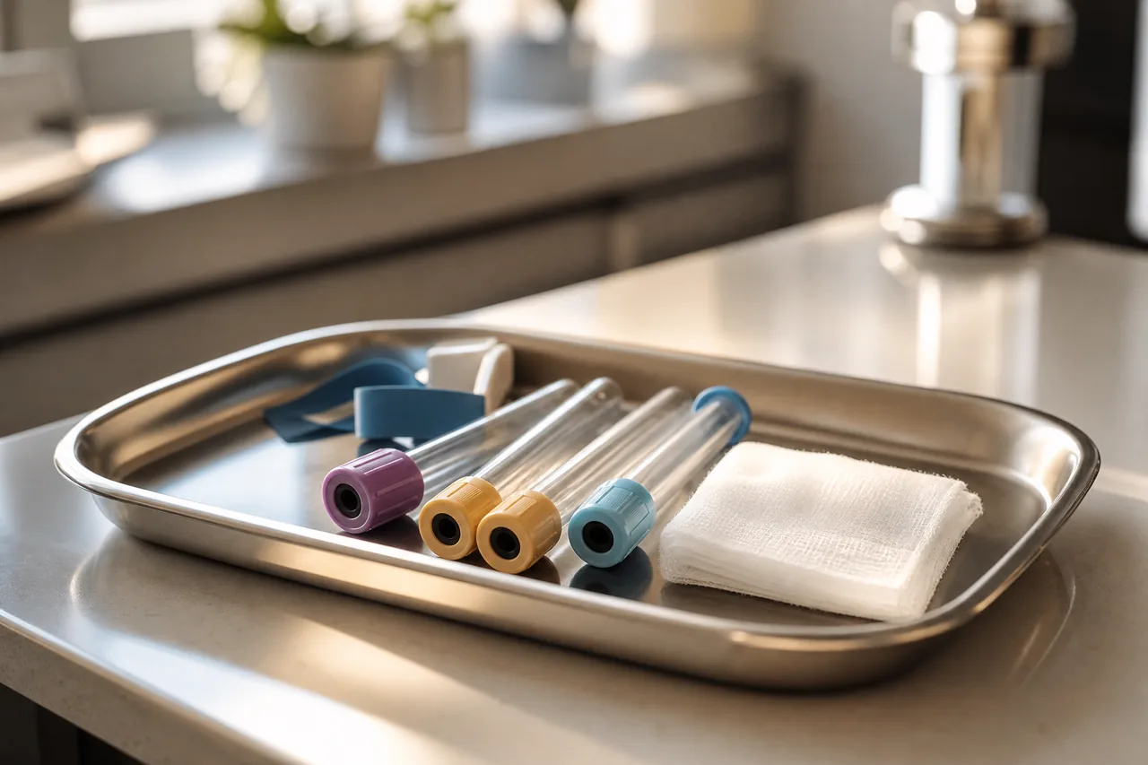 A blood-draw tray with empty tubes on a clinic counter