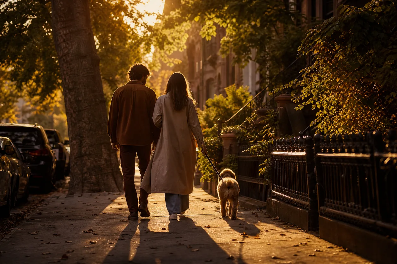 A couple walking a dog on a tree-lined street at golden hour