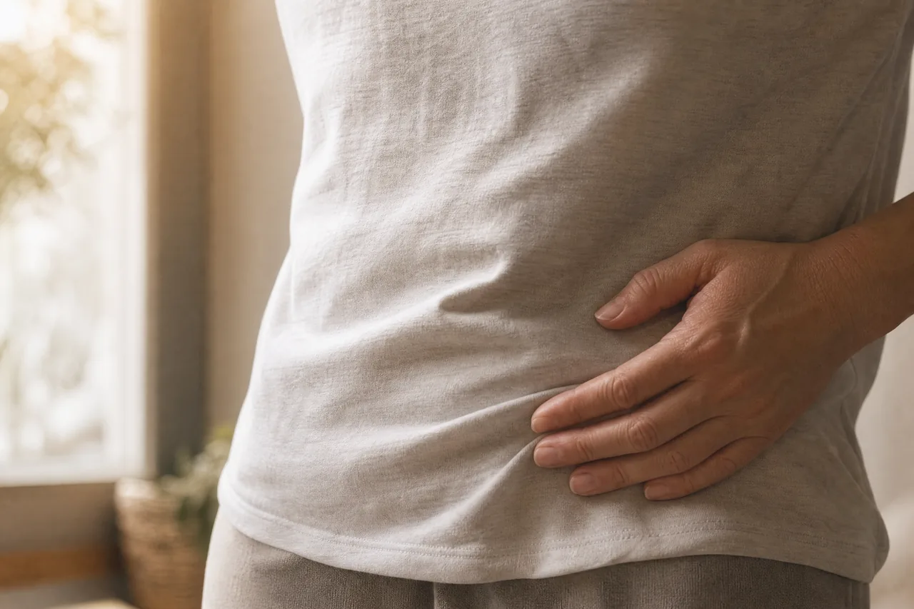 A midsection in a soft t-shirt with a hand resting at the side of the abdomen