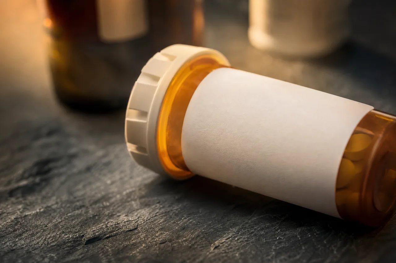 A blank prescription label on an amber pharmacy bottle