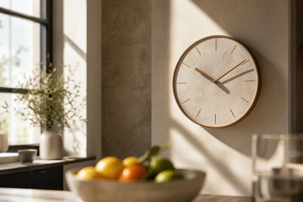 A wall clock in a sunlit kitchen with fruit in the foreground
