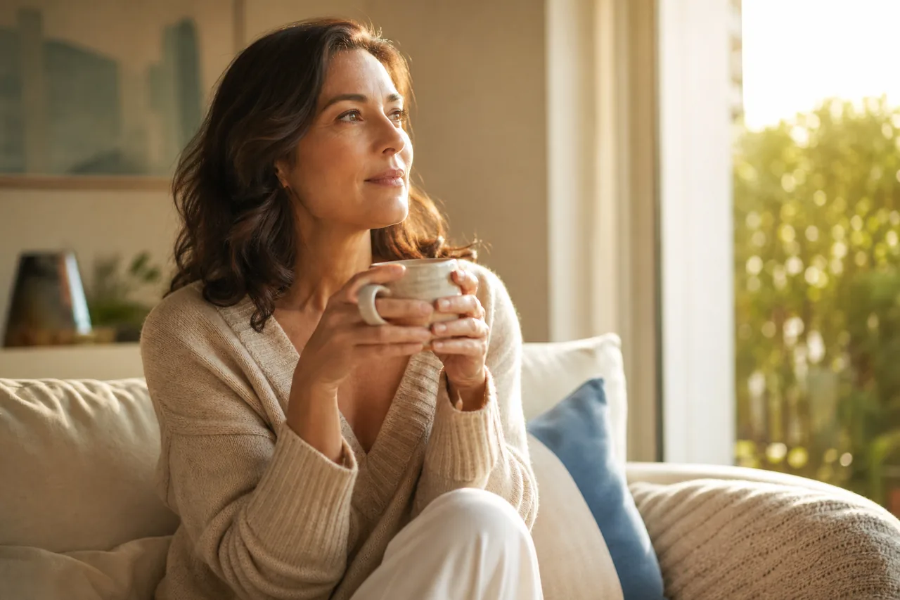 A woman holding a mug on a sunlit sofa, looking out of frame