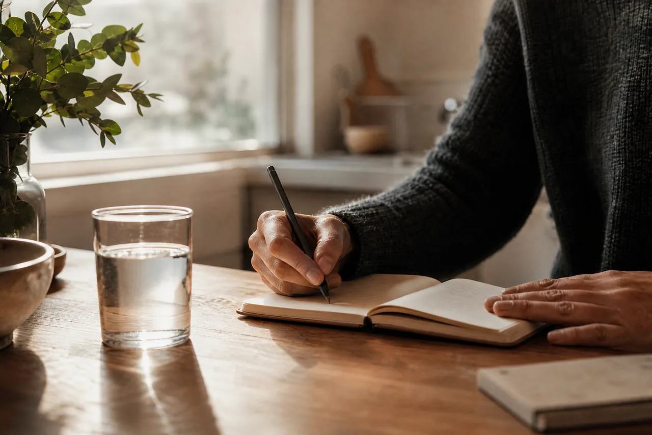 Hands writing in a notebook at a kitchen table beside a glass of water