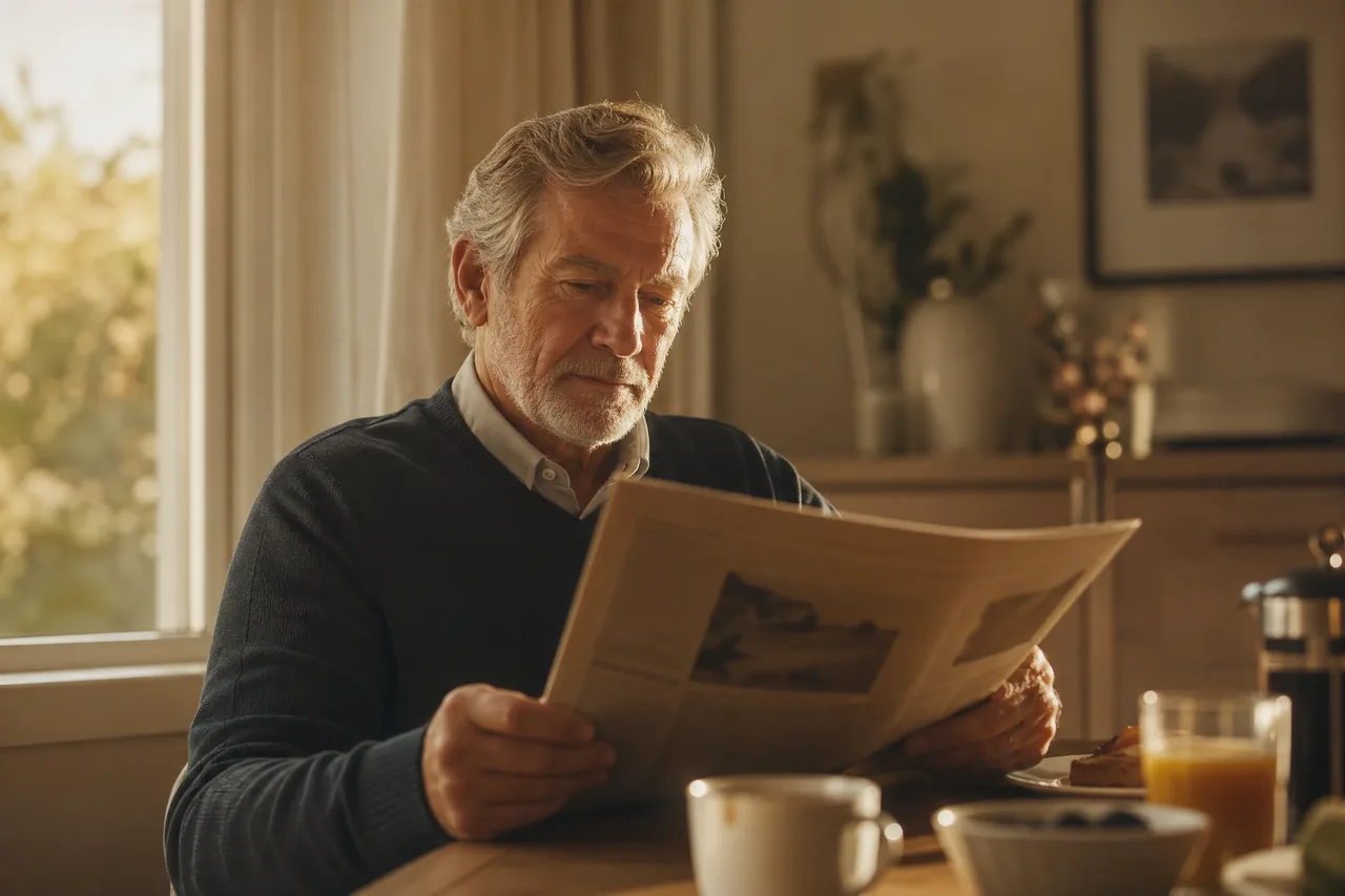 An older man reading at a sunlit breakfast table