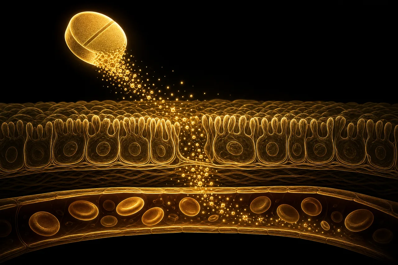 Illustration of a tablet dissolving and crossing the stomach lining