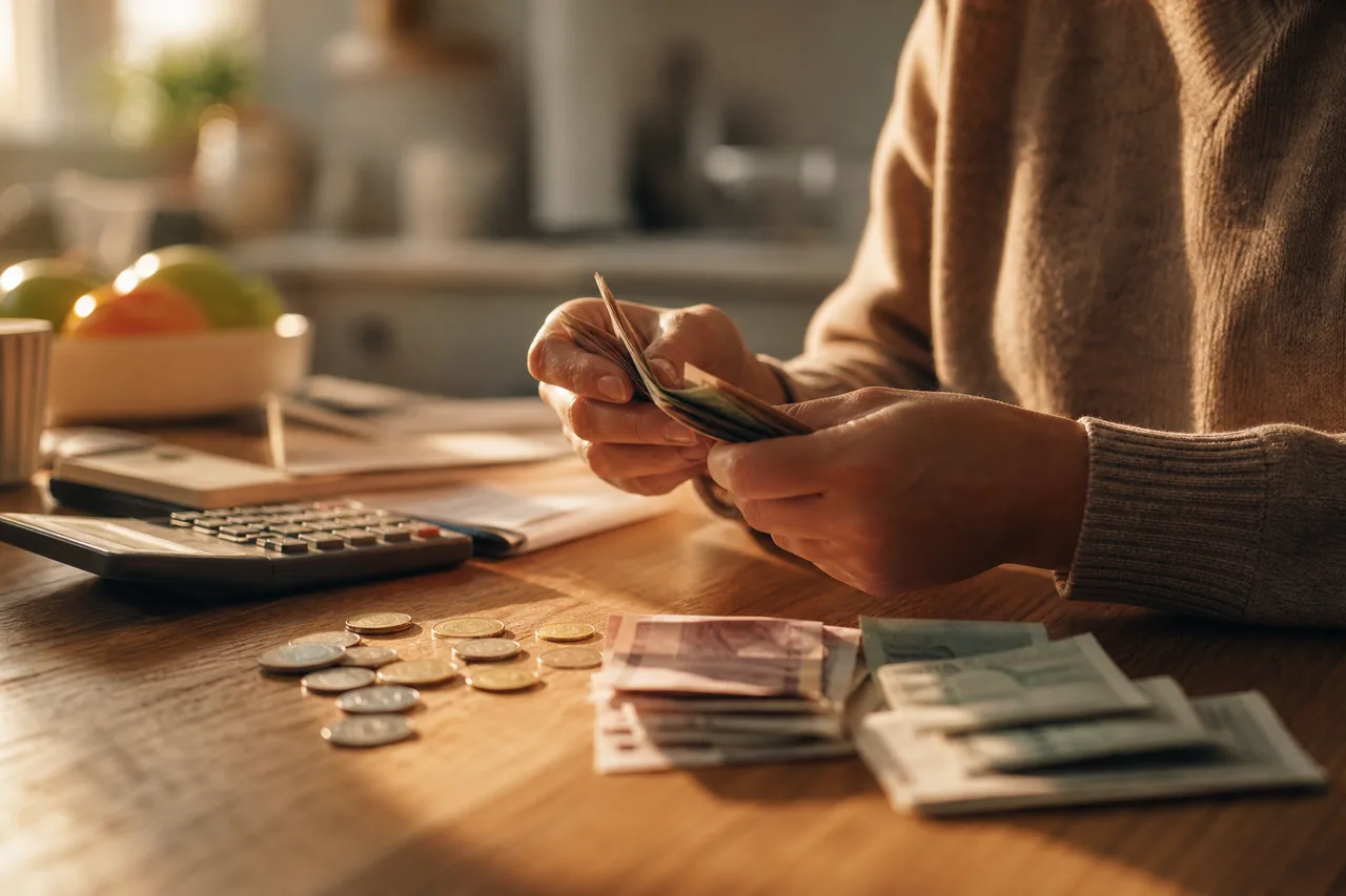 Hands counting money on a kitchen table beside a calculator