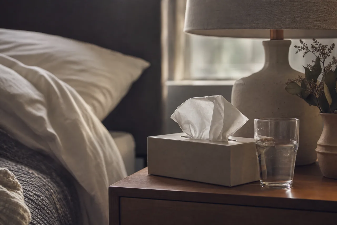 A tissue box and glass of water on a bedside table