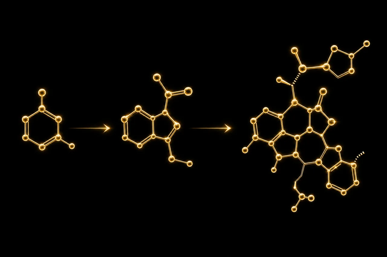Illustration of three molecular structures connected by conversion arrows