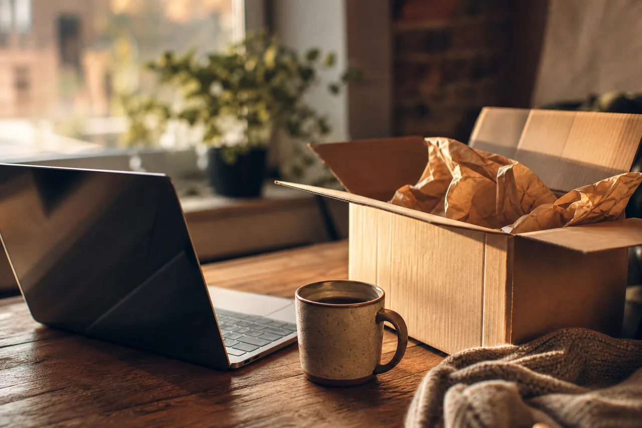 A laptop and coffee beside an open shipping box