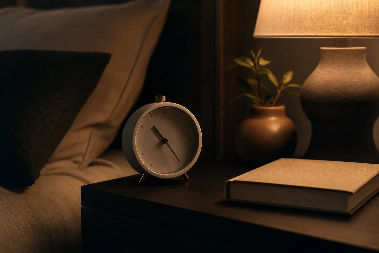 An alarm clock on a nightstand in dim lamplight