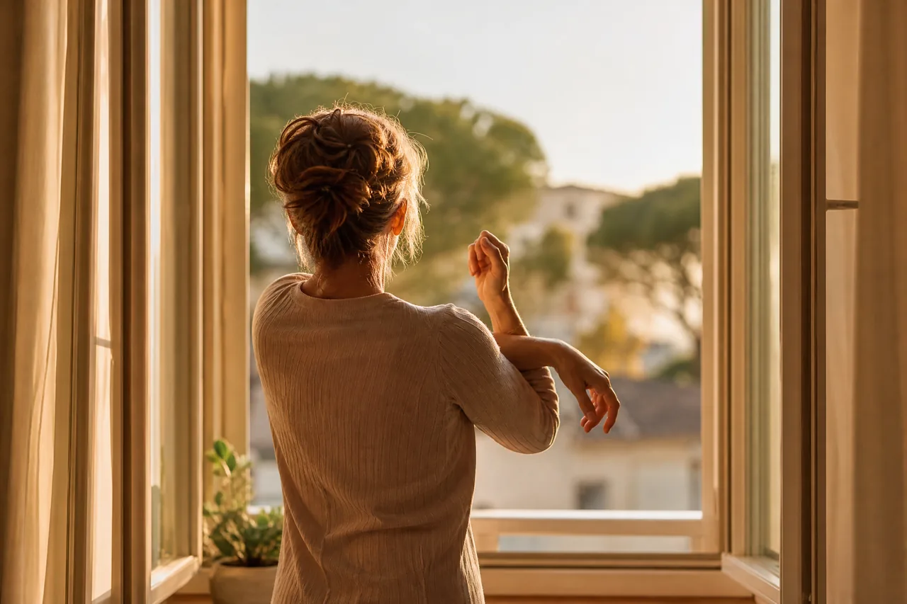 A woman stretching at an open window in soft morning light