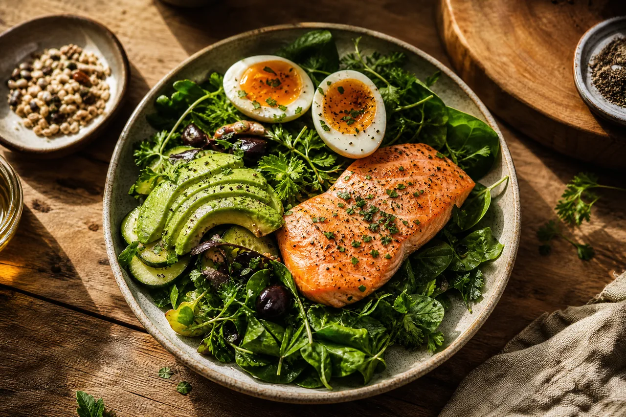 A plate of greens, eggs and salmon on a rustic table