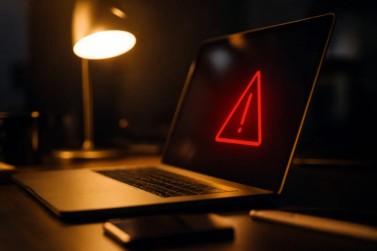 A warning reflection in a laptop screen at night