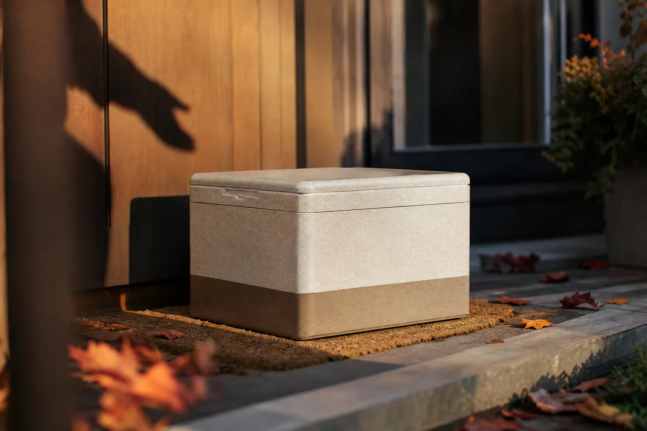 An insulated shipping box on a doorstep in warm morning light