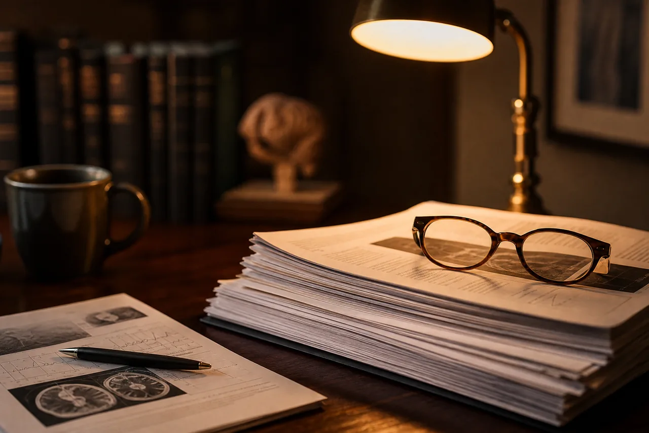 Medical journal papers and reading glasses on a desk under a lamp