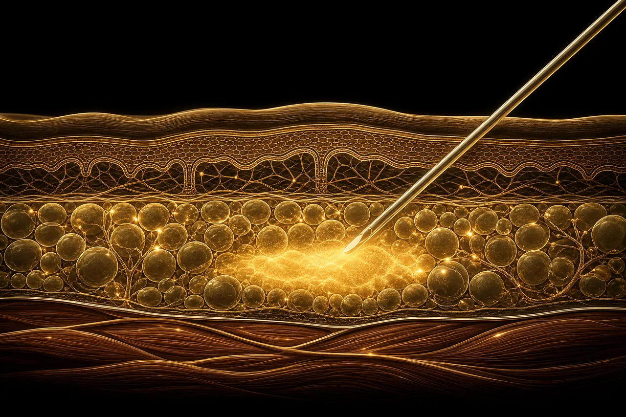 Illustration of skin, fat and muscle layers with a needle in the fat layer