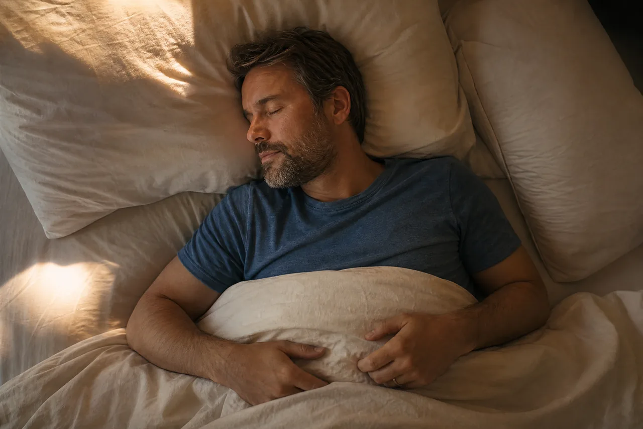 A man sleeping peacefully as morning light reaches the pillow