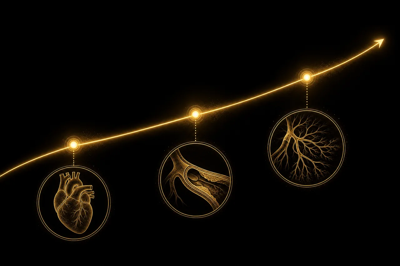 A luminous rising timeline curve with three waypoints