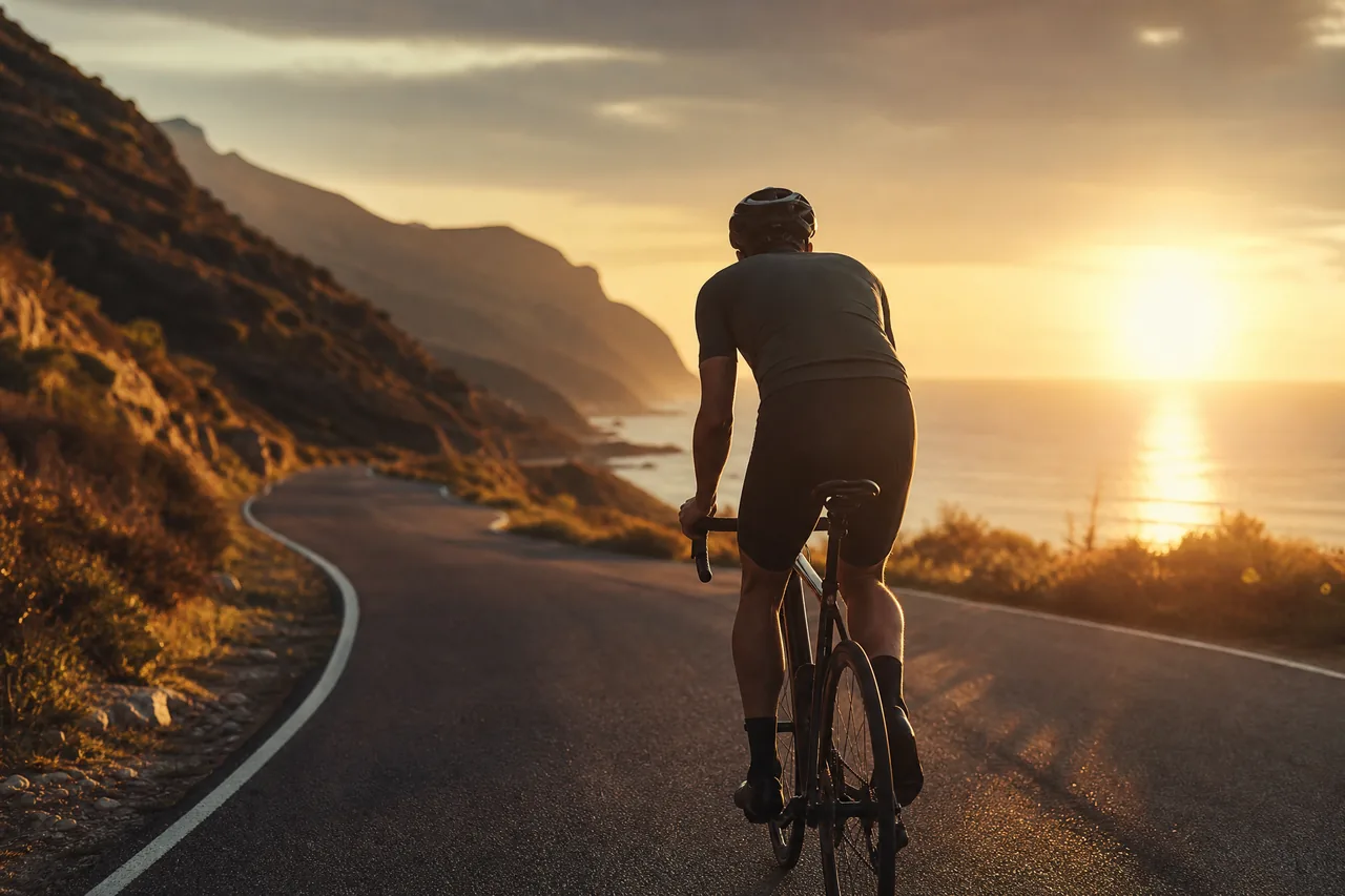 A man cycling a quiet coastal road at sunset