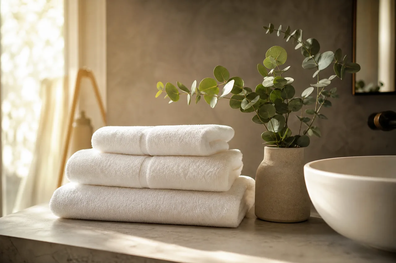 Folded towels beside potted eucalyptus on a bathroom counter