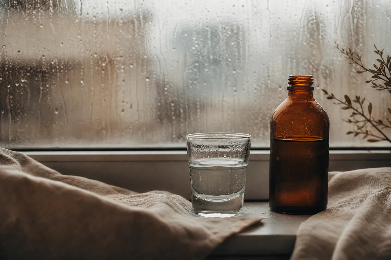 A glass of water and amber bottle on a windowsill with rain behind