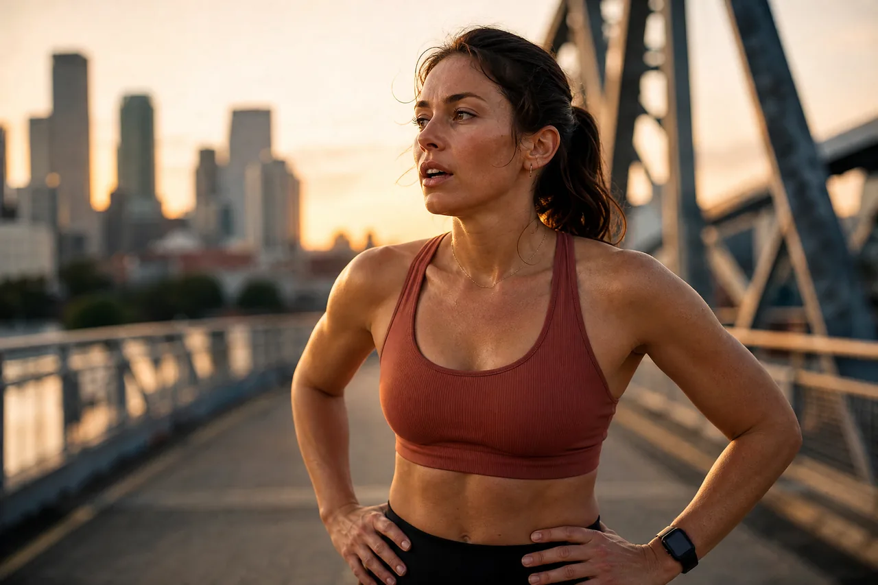 A woman pausing mid-run on a city bridge at dawn