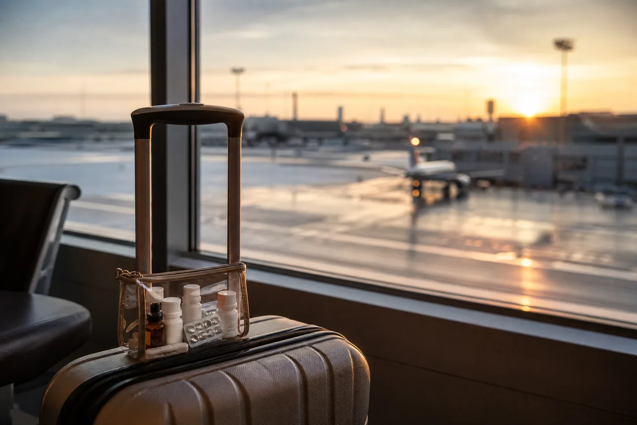 An airport departure gate window at dawn with a carry-on bag