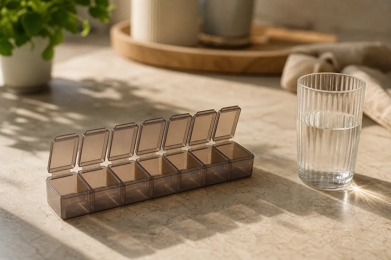 A weekly pill organiser open on a kitchen counter