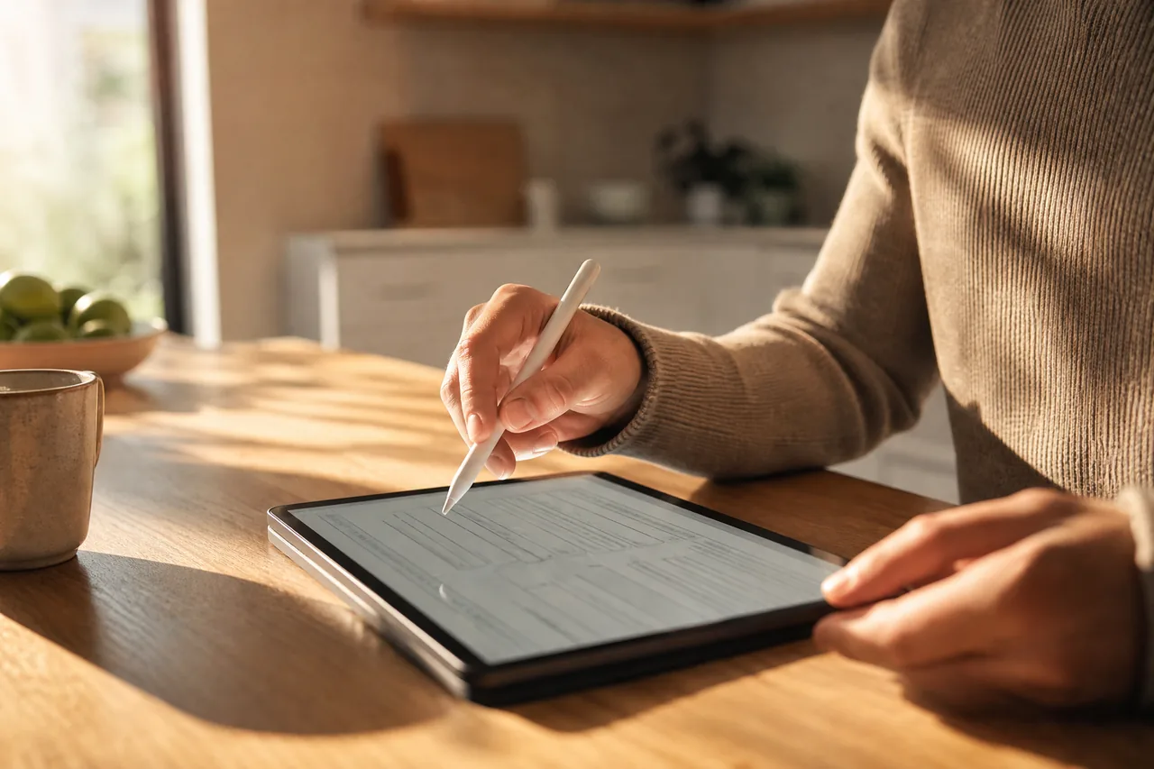 A person filling out a form on a tablet at a sunlit kitchen island