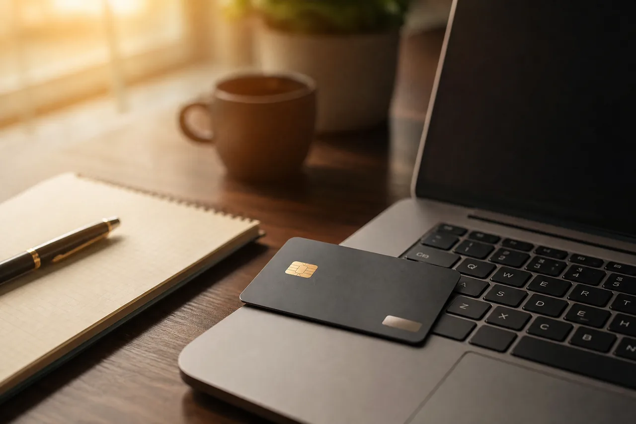A bank card on a laptop keyboard beside a notepad