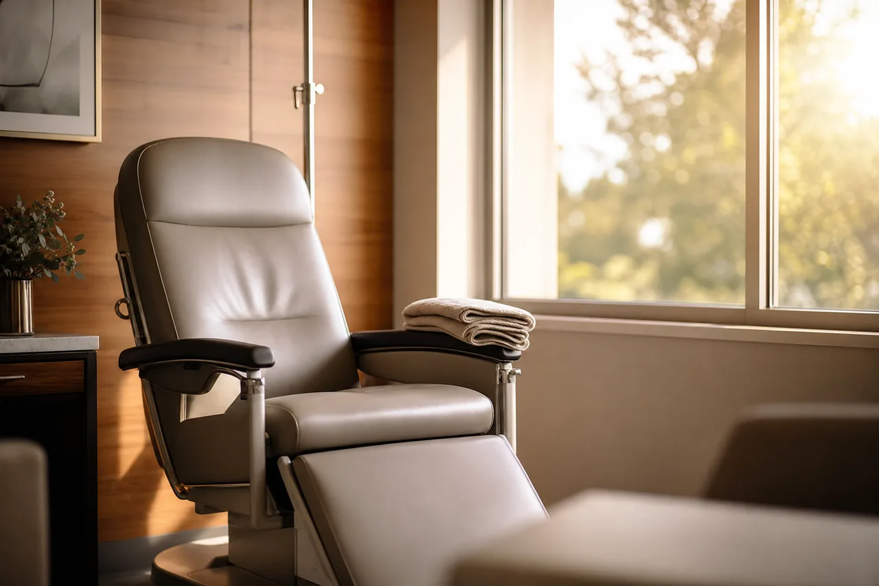 An empty IV infusion chair beside a bright clinic window